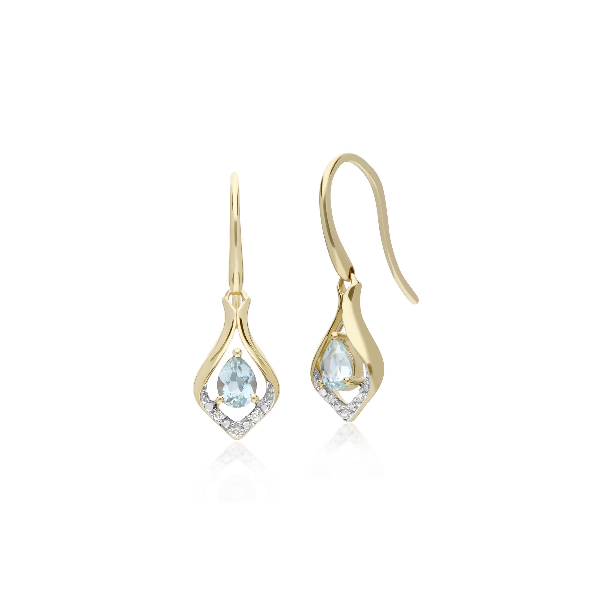 Classic Pear Aquamarine & Diamond Leaf Halo Drop Earrings in 9ct Yellow Gold