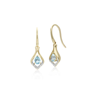Classic Pear Blue Topaz & Diamond Leaf Halo Drop Earrings in 9ct Yellow Gold