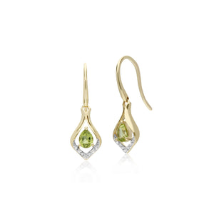 Classic Pear Peridot & Diamond Leaf Halo Drop Earrings in 9ct Yellow Gold