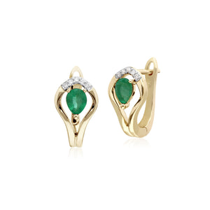 Classic Round Emerald & Diamond Leaf Halo Lever back Earrings in 9ct Yellow Gold