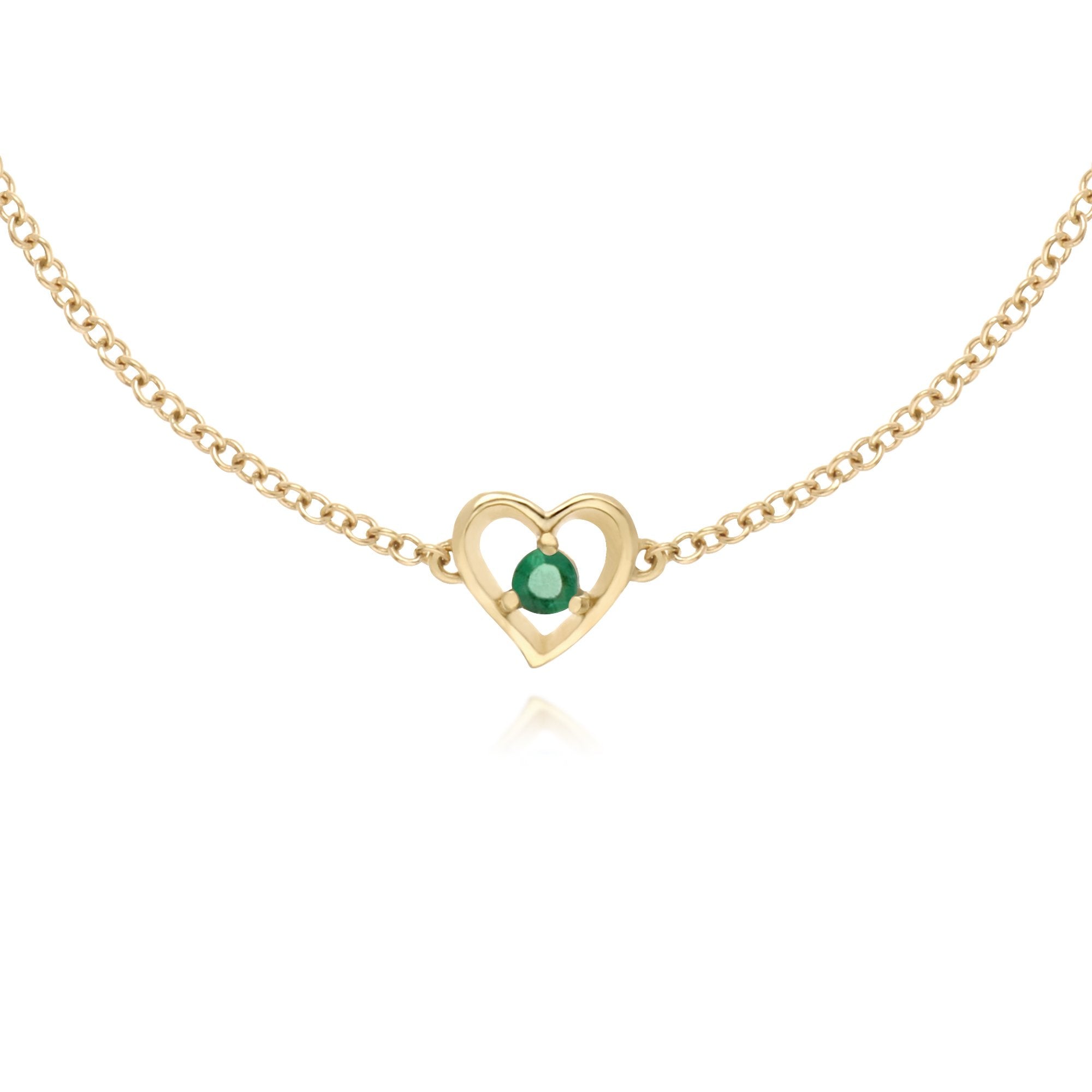Classic Single Stone Round Emerald Love Heart Bracelet in 9ct Yellow Gold