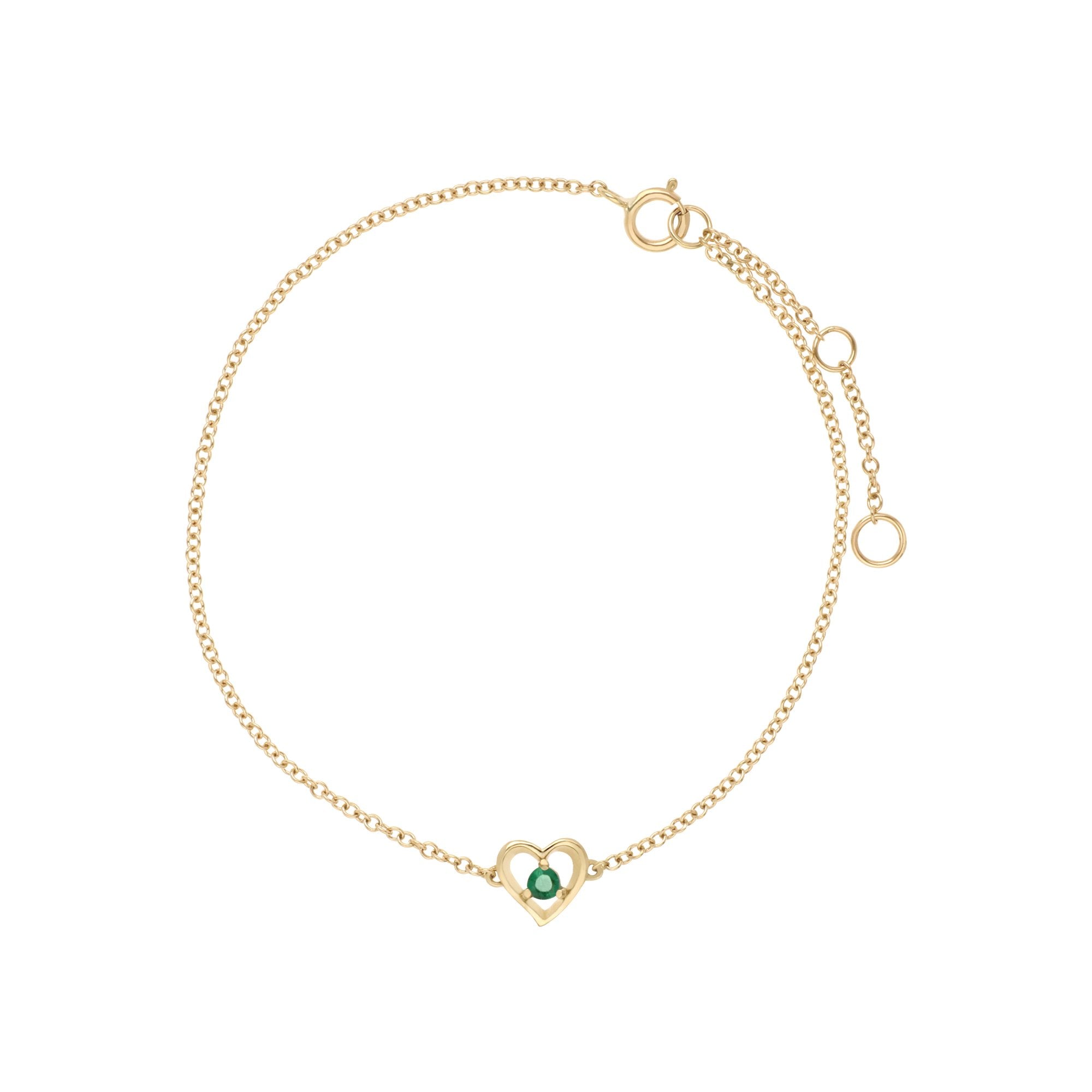 Classic Single Stone Round Emerald Love Heart Bracelet in 9ct Yellow Gold