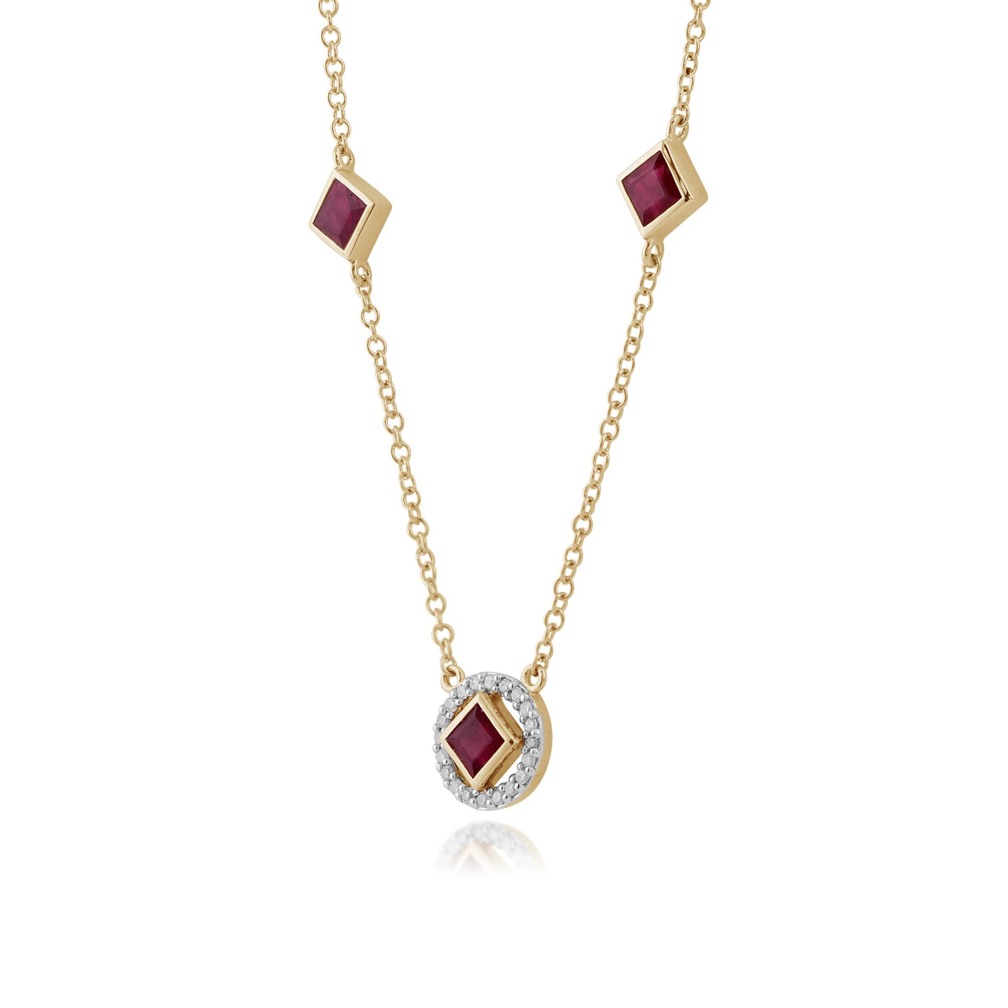 Classic Square Ruby & Diamond Halo Necklace in 9ct Yellow Gold