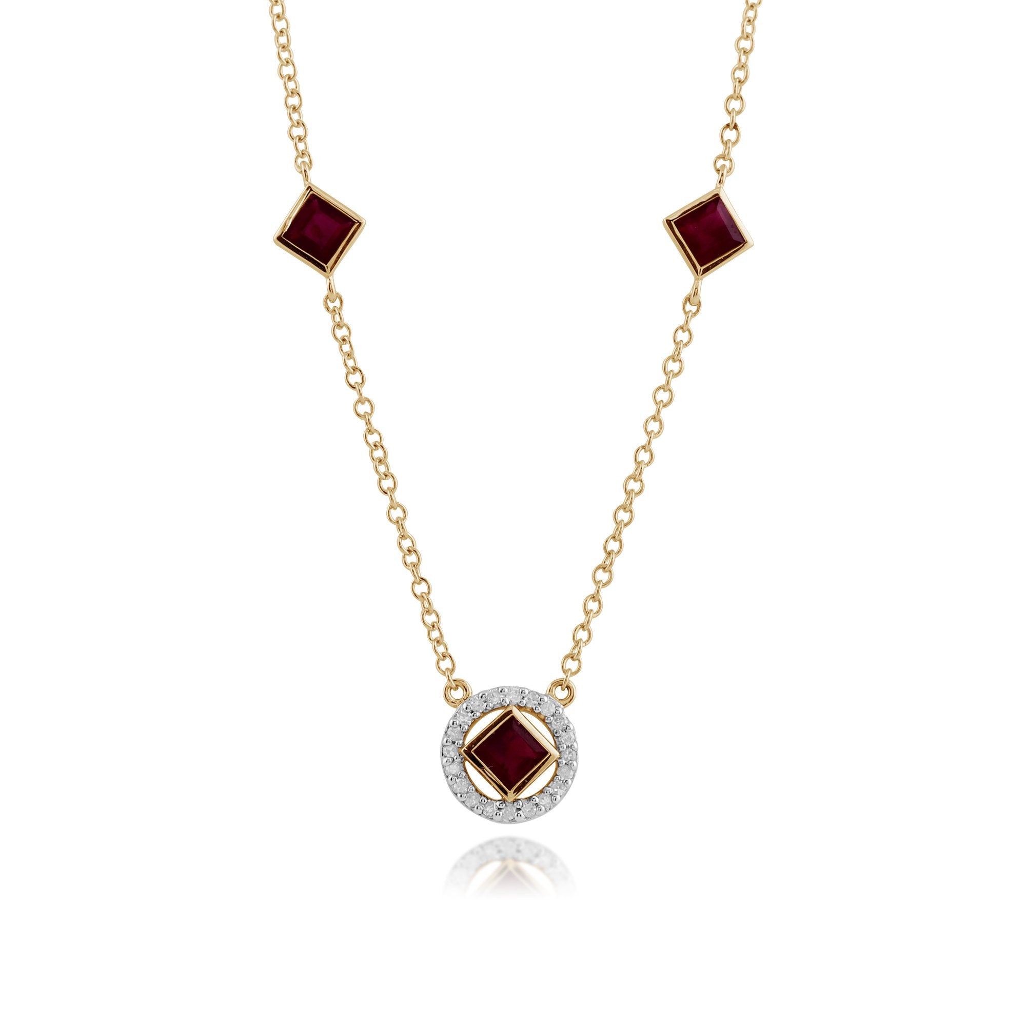 Classic Square Ruby & Diamond Halo Necklace in 9ct Yellow Gold