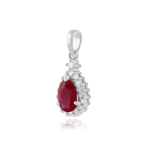 Classic Pear Ruby & Diamond Cluster Pendant in 9ct White Gold