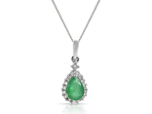 Classic Pear Emerald & Diamond Cluster Pendant in 9ct White Gold