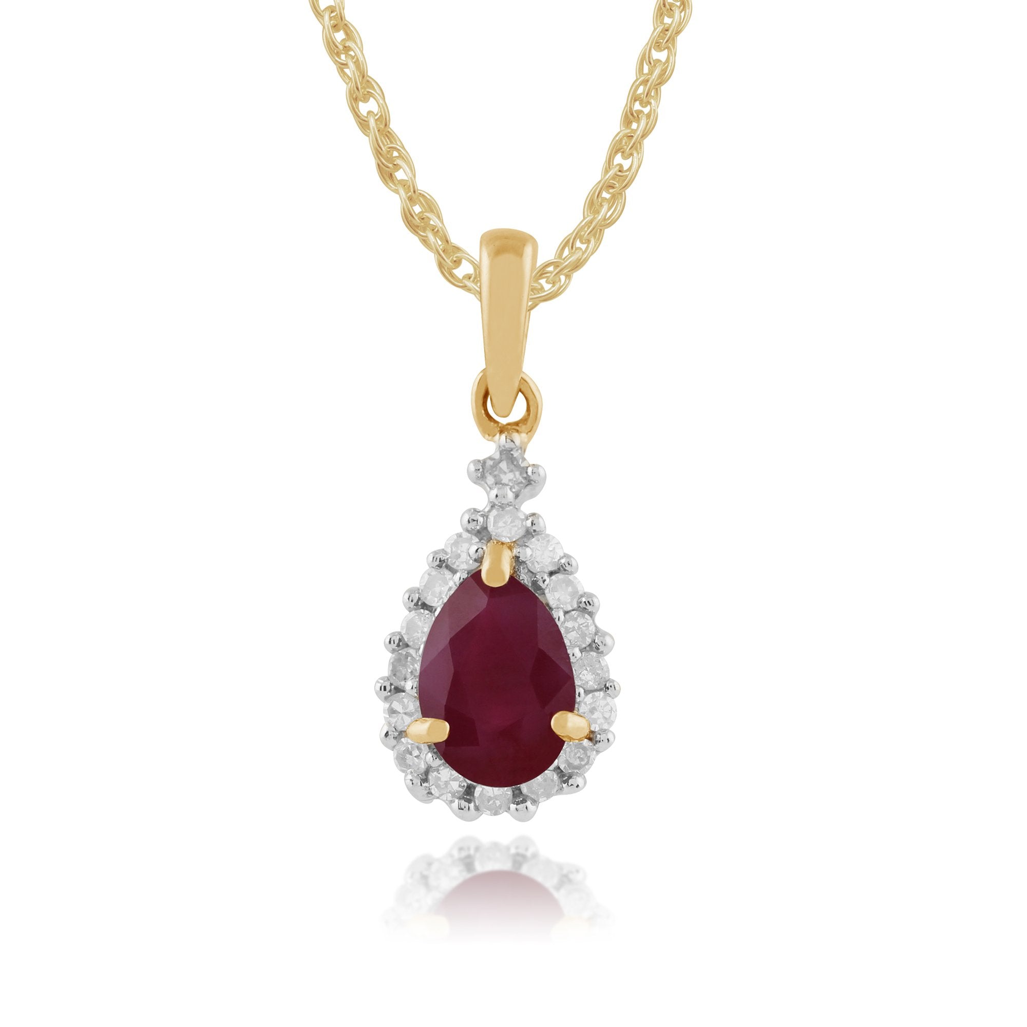 Classic Pear Ruby & Diamond Cluster Pendant in 9ct Yellow Gold