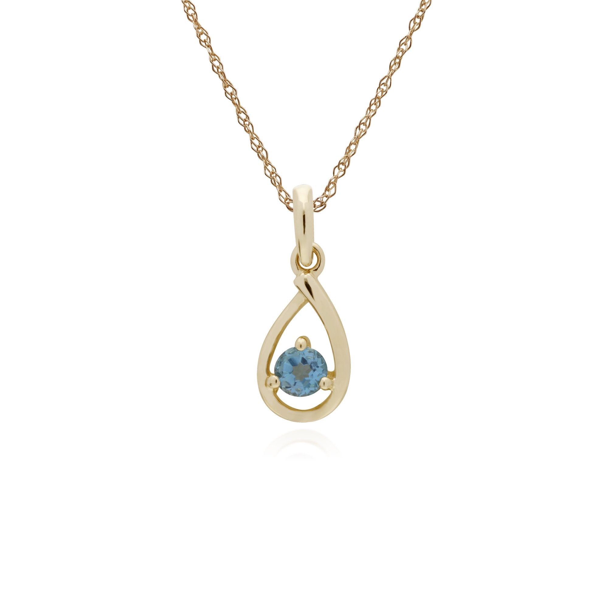 Classic Single Stone Round Blue Topaz Tear Drop Pendant in 9ct Yellow Gold