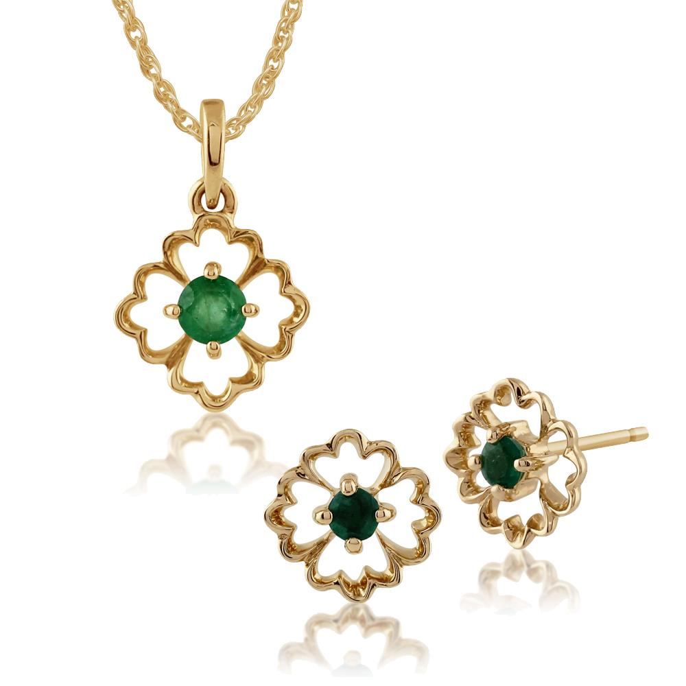 Floral Emerald Flower Frame Stud Earrings & Pendant Set Image 1