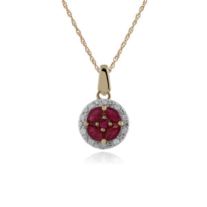 Classic Marquise Ruby & Diamond Halo Cluster Pendant in 9ct Yellow Gold