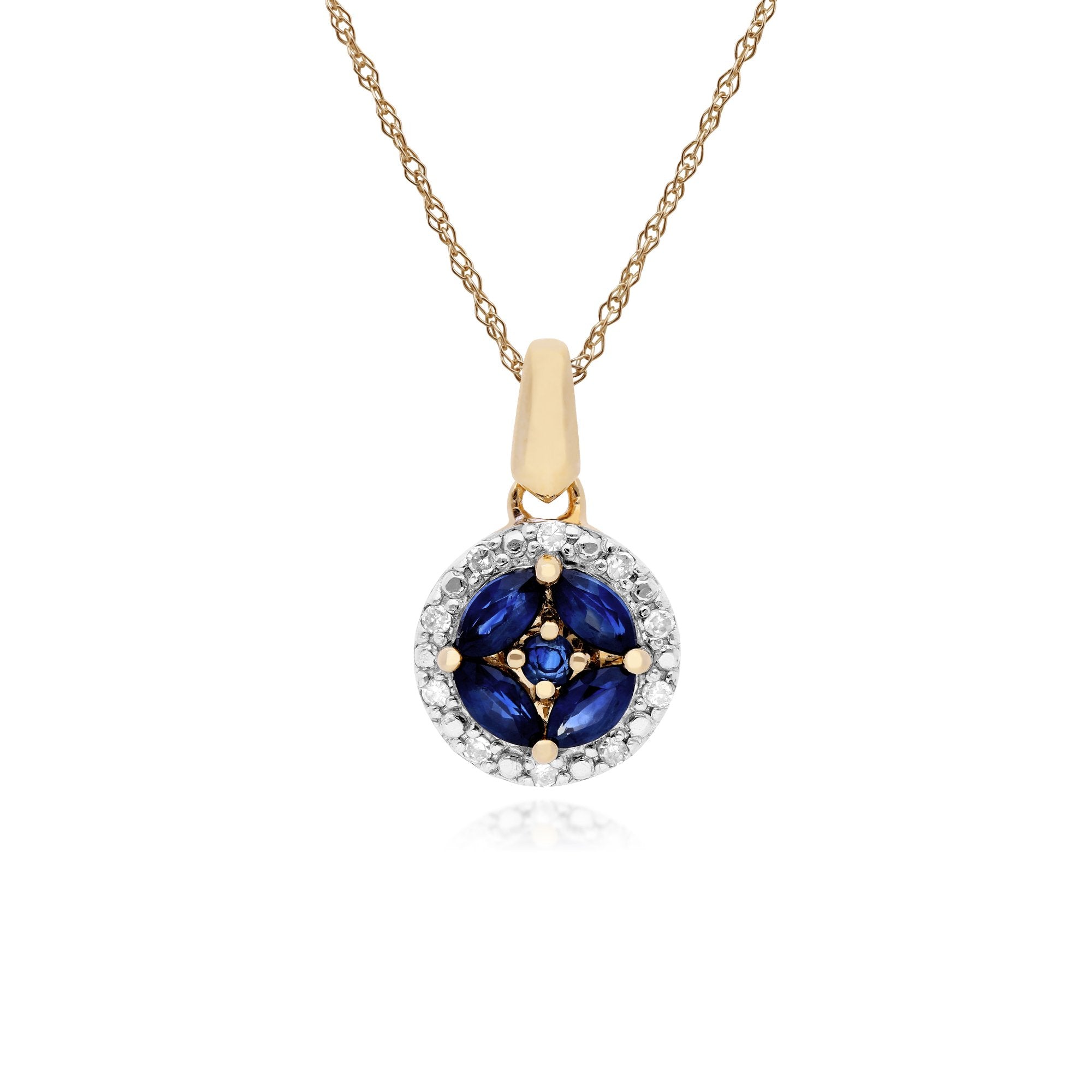 Classic Marquise Sapphire & Diamond Halo Cluster Pendant in 9ct Yellow Gold