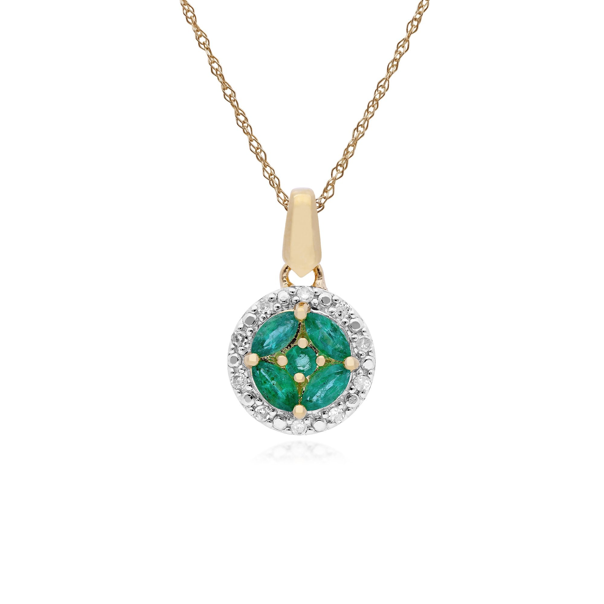 Classic Marquise Emerald & Diamond Halo Cluster Pendant in 9ct Yellow Gold