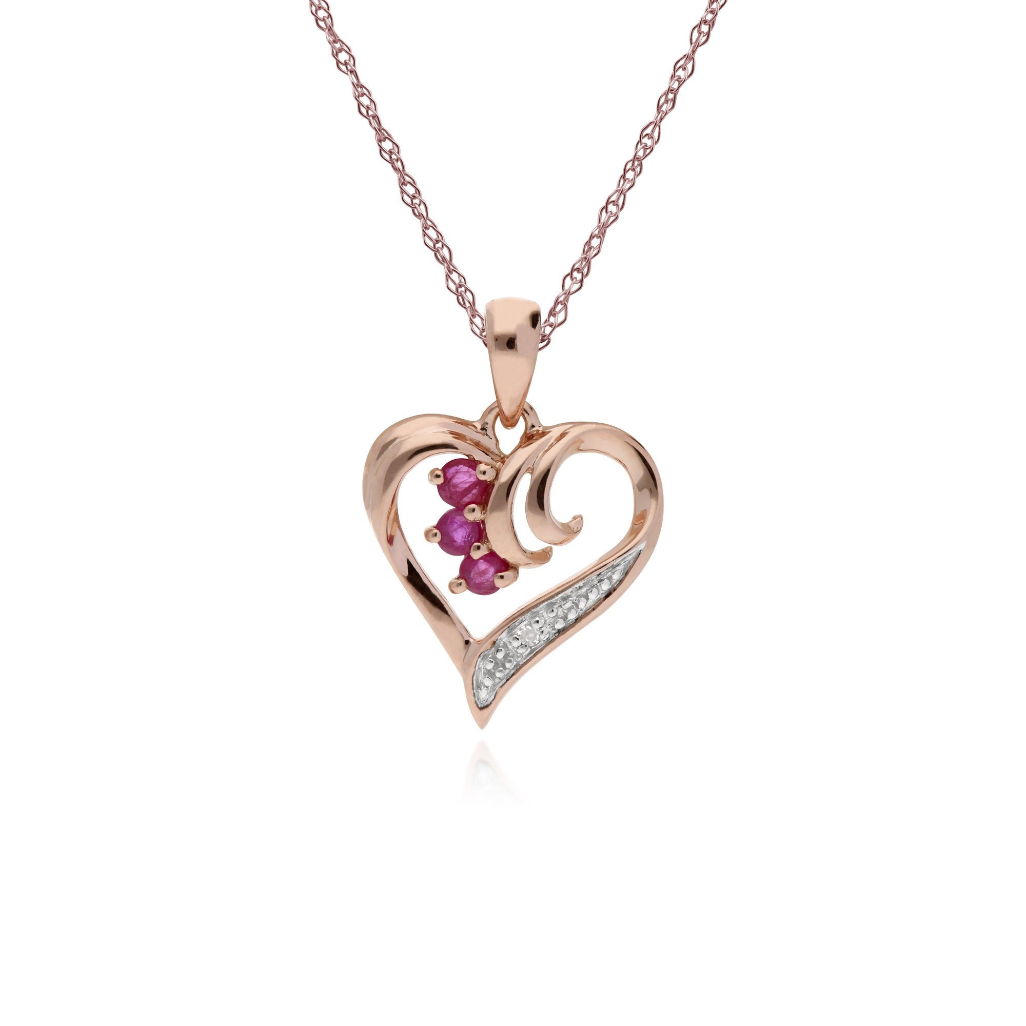 Classic Round Ruby & Diamond Swirled Love Heart Pendant in 9ct Rose Gold