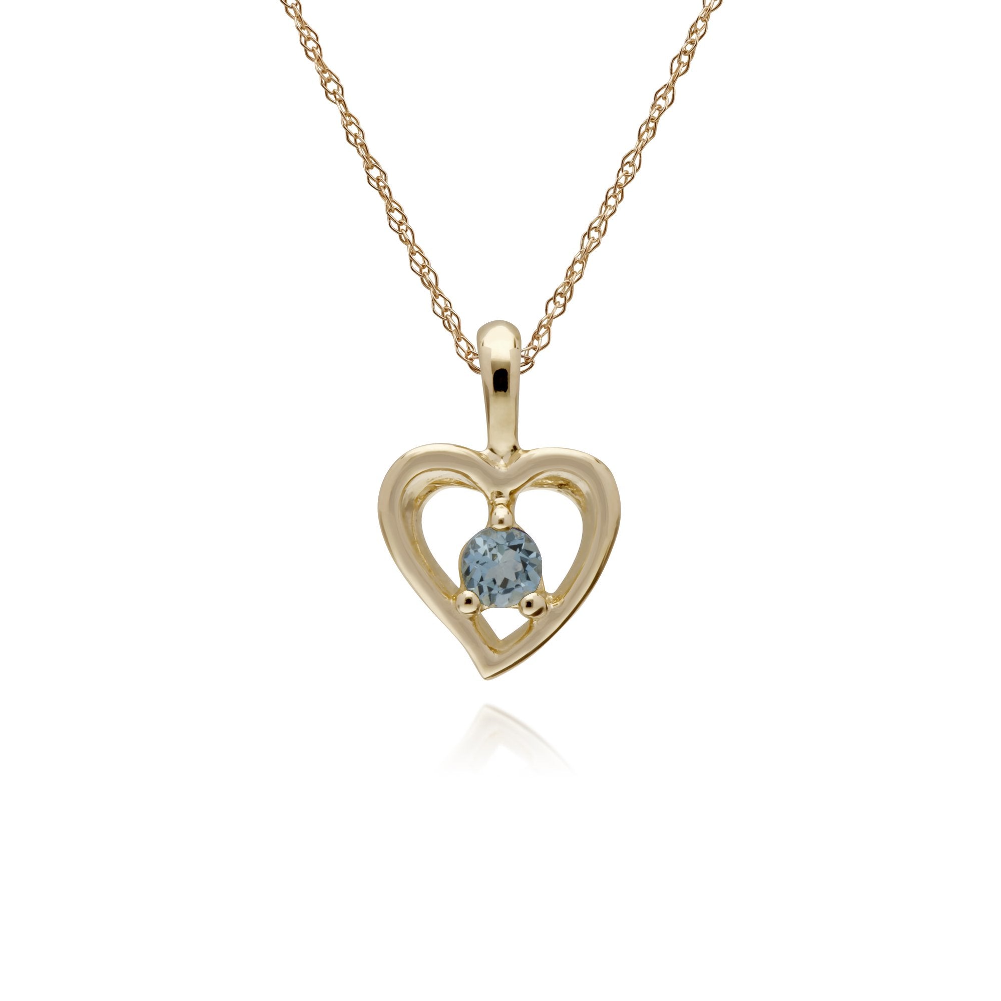 Classic Single Stone Round Aquamarine Open Love Heart Pendant in 9ct Yellow Gold