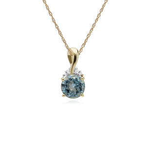 Classic Round Blue Topaz & Diamond Twisted Bale Pendant in 9ct Yellow Gold
