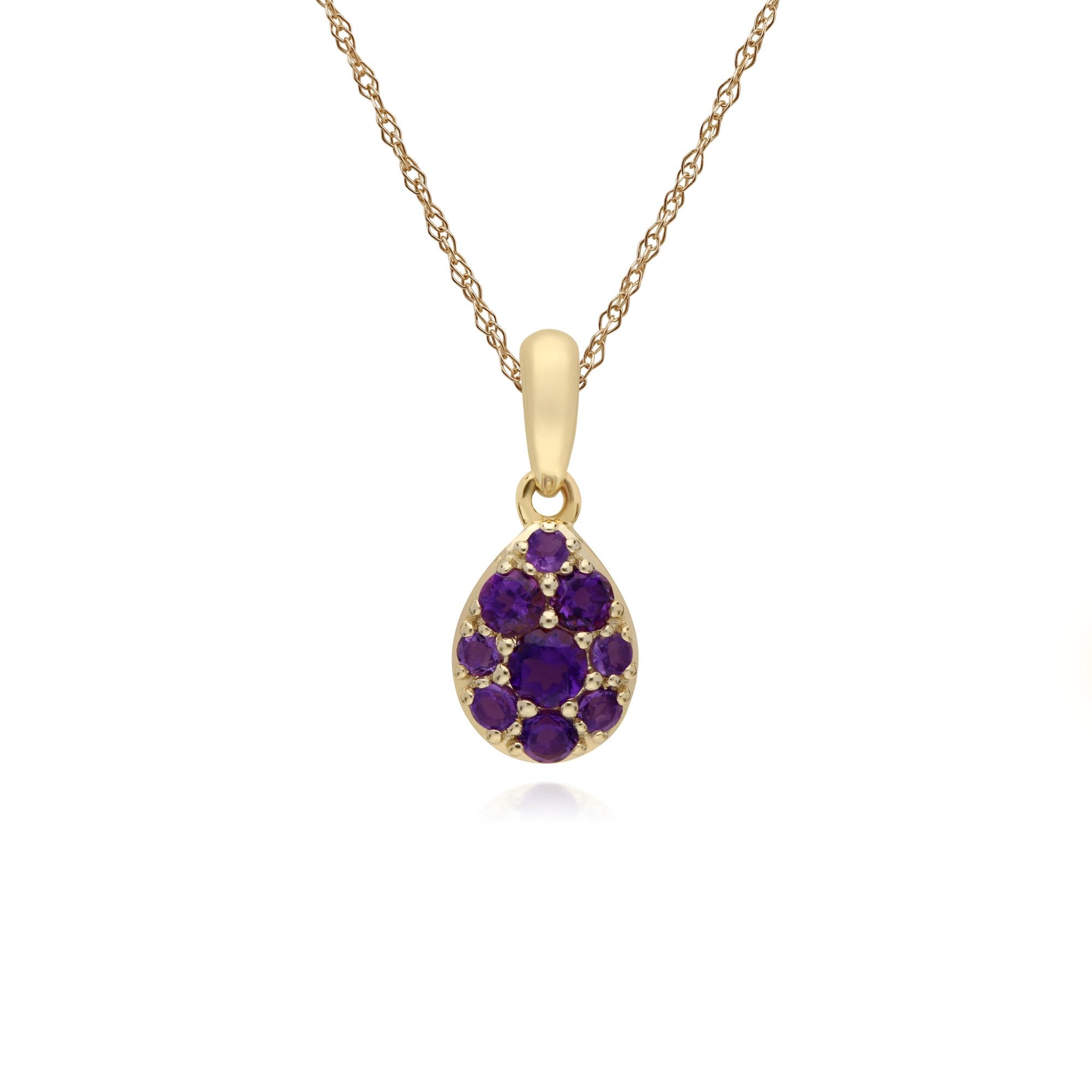 Cluster Round Amethyst Pear Shaped Pendant & Chain in 9ct Yellow Gold