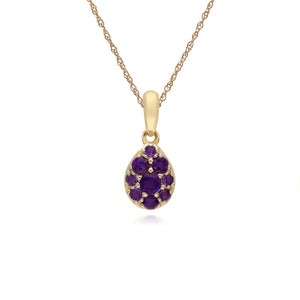 Cluster Round Amethyst Pear Shaped Pendant & Chain in 9ct Yellow Gold