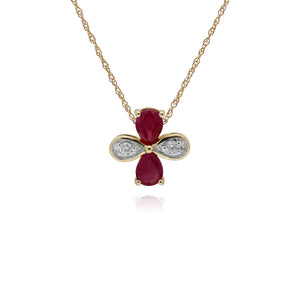 Floral Pear Ruby & Round Diamond Clover Pendant in 9ct Yellow Gold