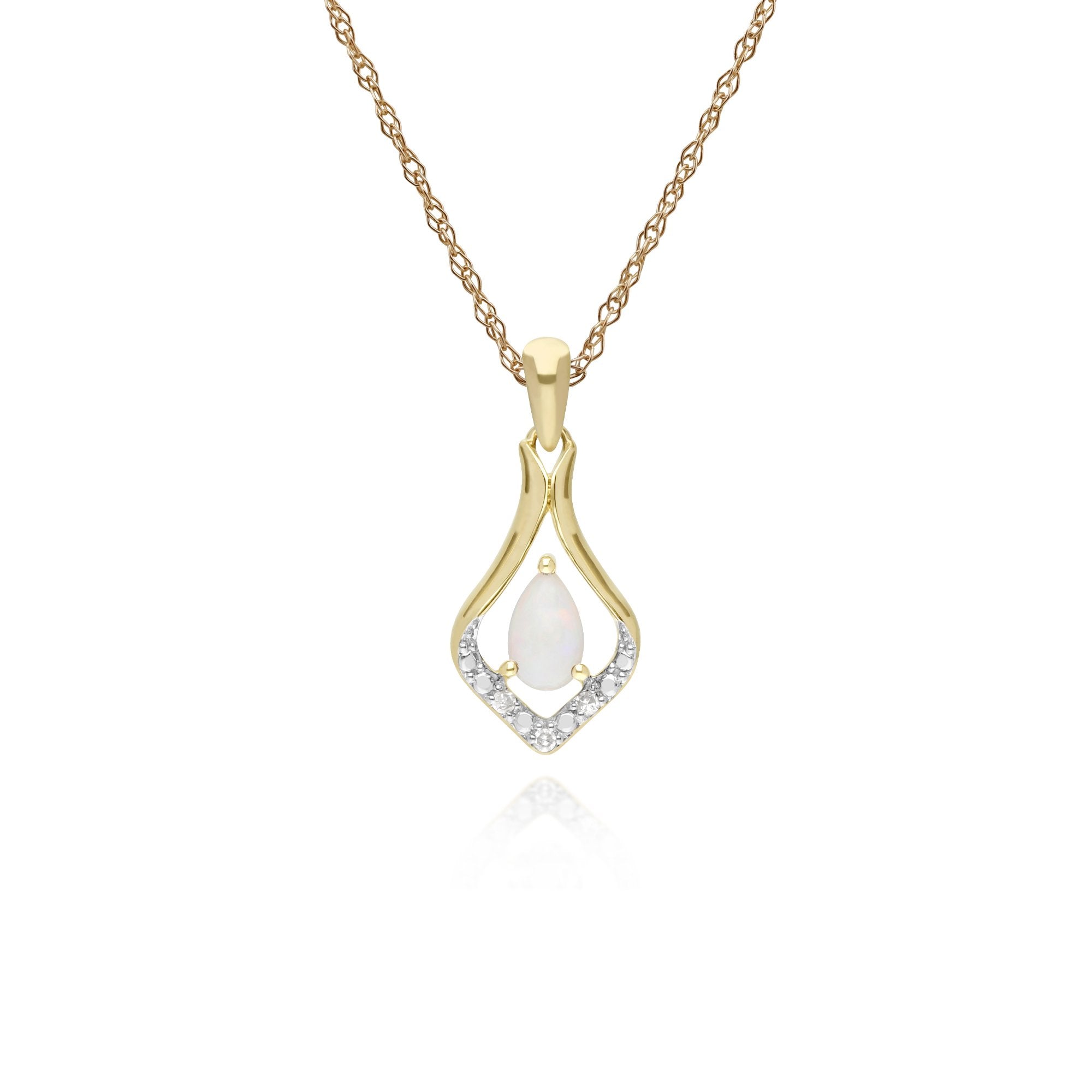 Classic Pear Opal & Three Diamond Leaf Halo Pendant in 9ct Yellow Gold