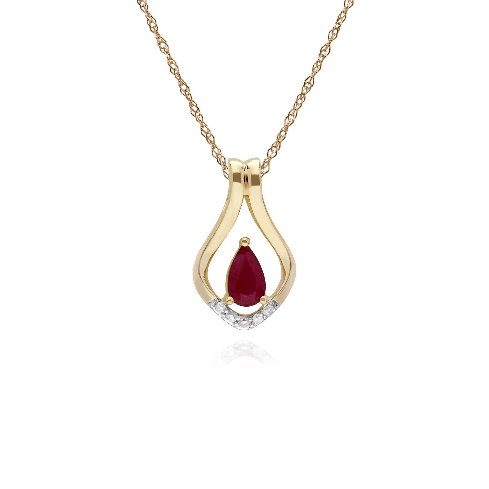 Classic Pear Ruby & Five Diamond Leaf Halo Pendant in 9ct Yellow Gold