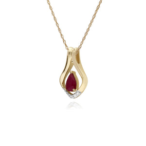 Classic Pear Ruby & Five Diamond Leaf Halo Pendant in 9ct Yellow Gold