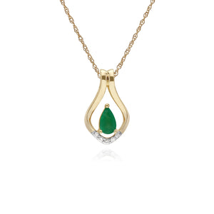 Classic Pear Emerald & Five Diamond Leaf Halo Pendant in 9ct Yellow Gold