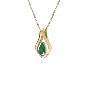 Classic Pear Emerald & Five Diamond Leaf Halo Pendant in 9ct Yellow Gold