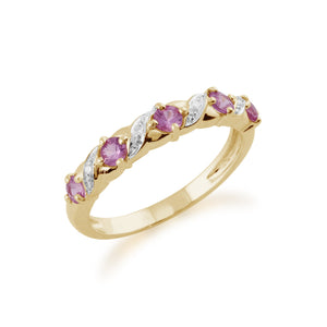 Classic Art Nouveau Style 9ct Yellow Gold Pink Sapphire & Diamond Half Eternity Ring Side 