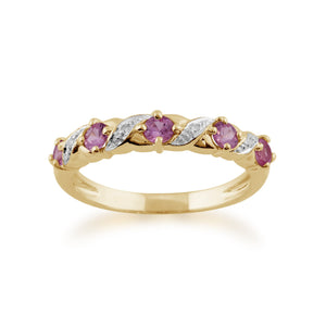 Classic Art Nouveau Style 9ct Yellow Gold Pink Sapphire & Diamond Half Eternity Ring