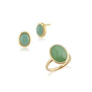Classic Oval Dyed Green Jade Bezel Stud Earrings & Cocktail Ring Set in 9ct Yellow Gold