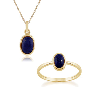 Classic Oval Lapis Lazuli Bezel Pendant & Solitaire Ring Set in 9ct Yellow Gold