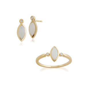 Classic Marquise Opal Cabochon Drop Earrings & Ring Set in 9ct Yellow Gold