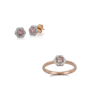 Floral Round Morganite & Diamond 9ct Rose Gold Earring & Ring Set