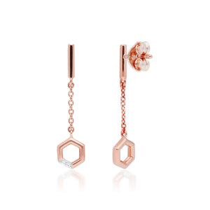 Diamond Pave Hexagon Dangle Drop Earrings in 9ct Rose Gold