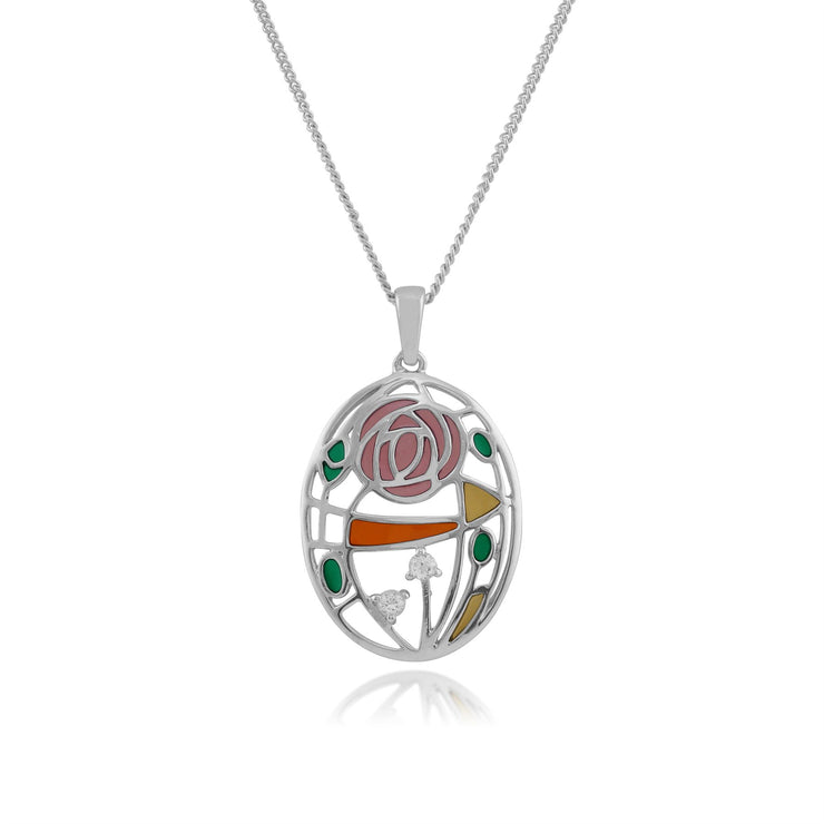 Collana e Orecchini Pendenti Ovali Stile Rennie Mackintosh Argento 925 Topazio e Smalto Stile Rosa Glasgow