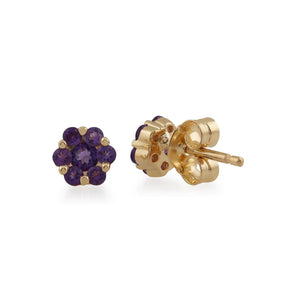 Floral Round Amethyst Cluster Stud Earrings in 9ct Yellow Gold