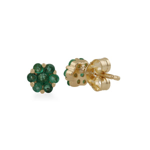 Floral Round Emerald Cluster Stud Earrings in 9ct Yellow Gold