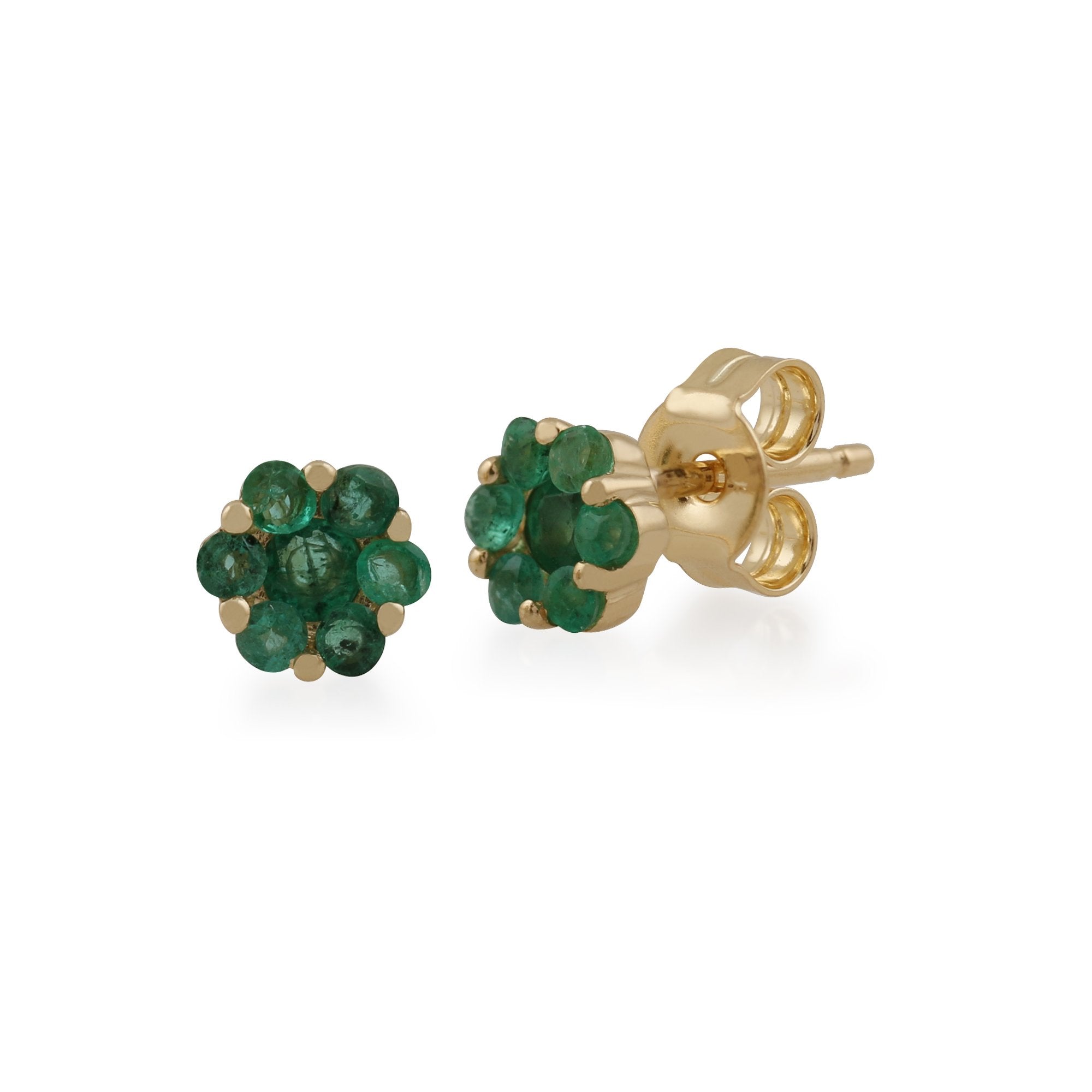 Floral Round Emerald Cluster Stud Earrings in 9ct Yellow Gold