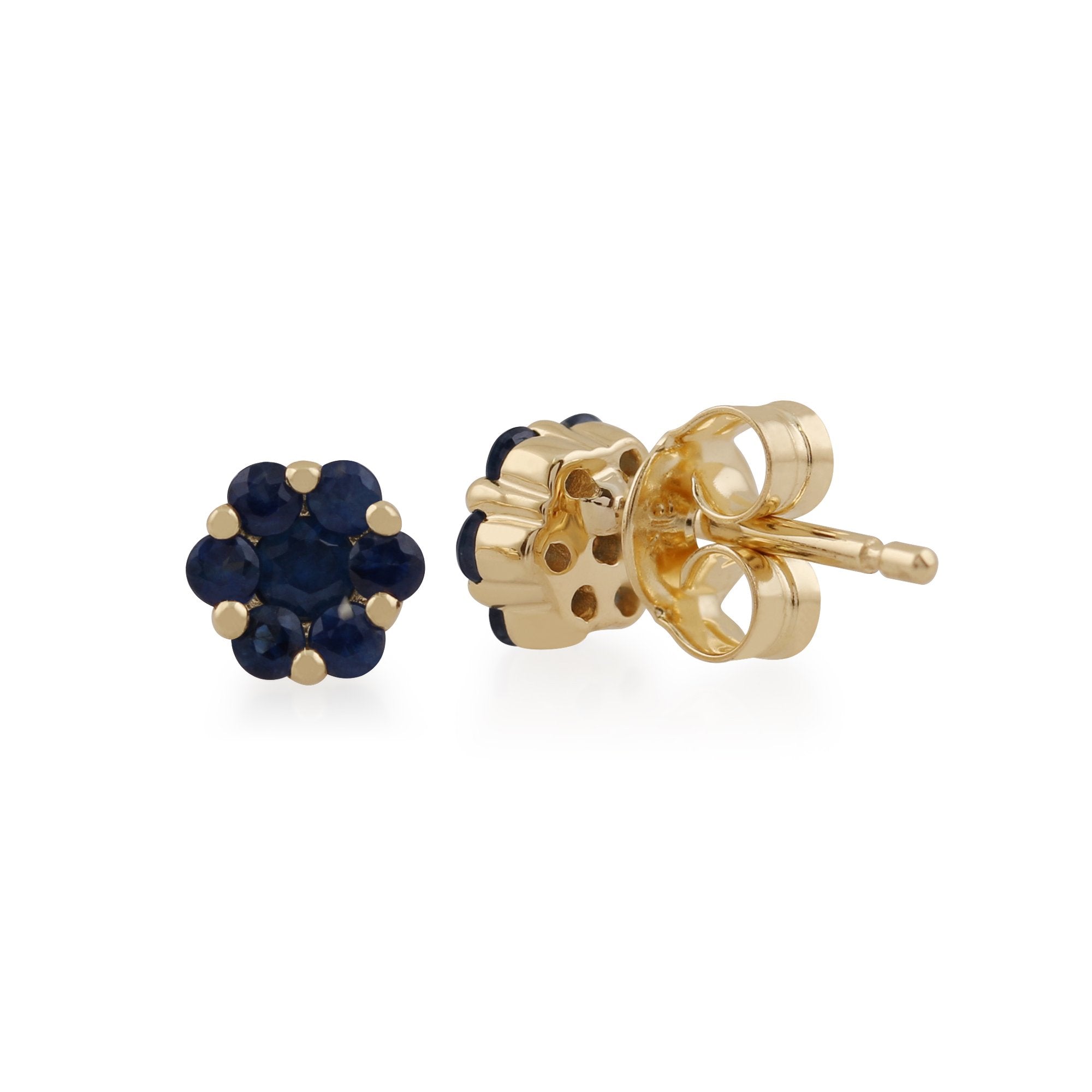 Floral Round Sapphire Cluster Stud Earrings in 9ct Yellow Gold Back