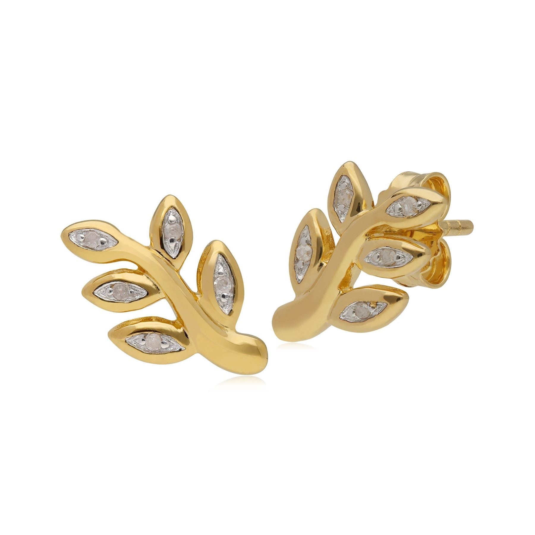 Kosmos Diamond Leaf Shaped Stud Earrings in Yellow Gold Plated Sterling Silver