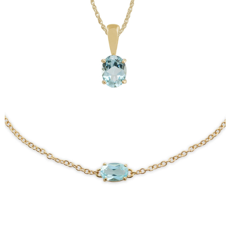 Bracciale e pendente classici in oro giallo 375 con topazio azzurro ovale