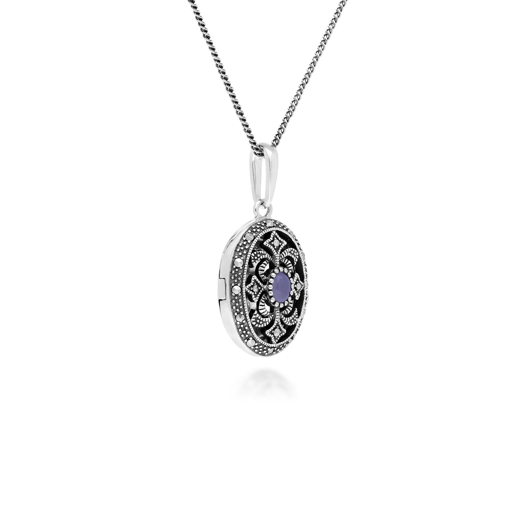 Art Nouveau Style Oval Dyed Purple Jade & Marcasite Locket Necklace in 925 Sterling Silver