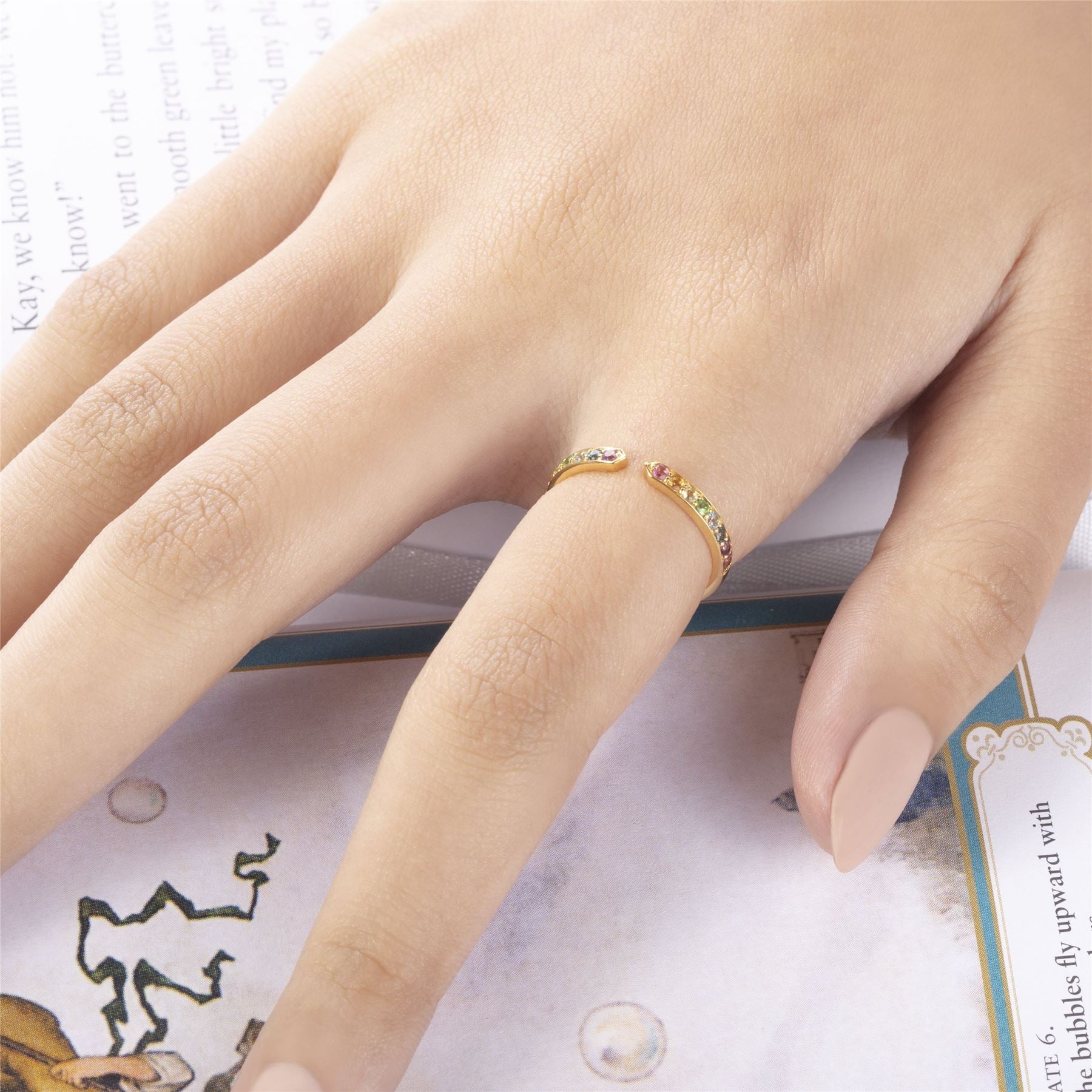 Rainbow Gemstone Open Ring in Gold Plated Sterling Silver on model