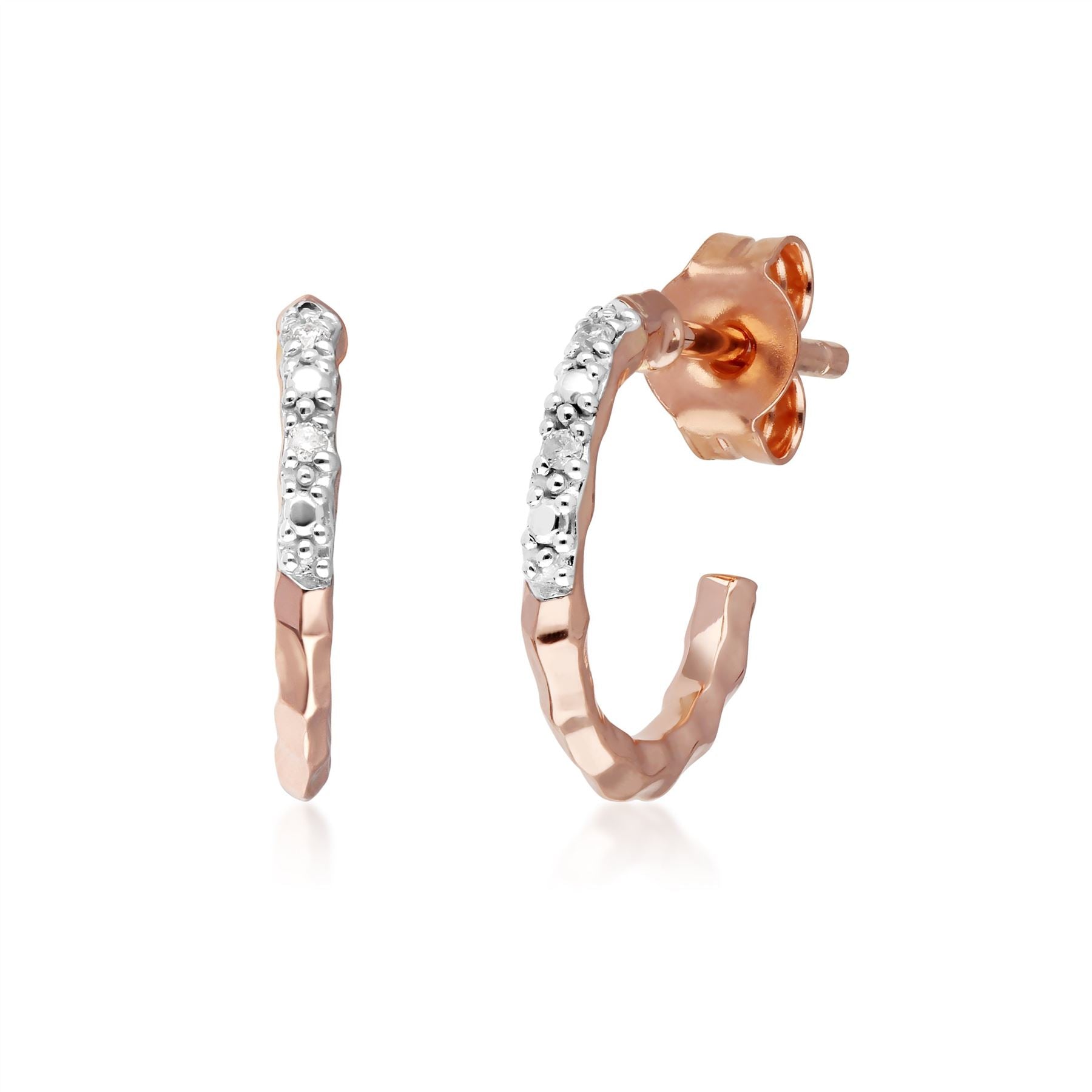 Diamond Pavé Hammered Hoop Earrings in 9ct Rose Gold