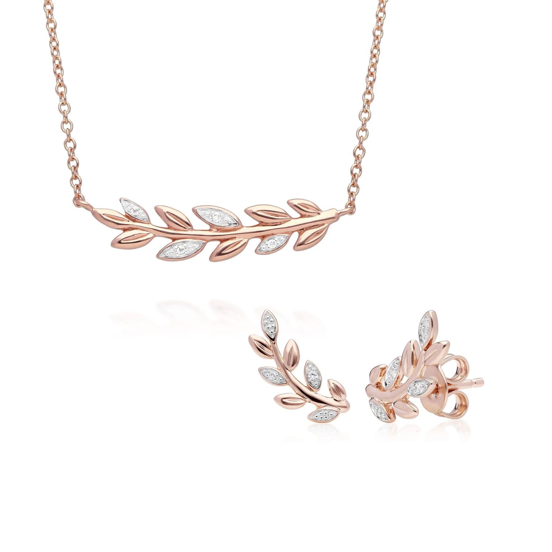 O Leaf Diamond Necklace & Stud Stud Earring Set in 9ct Rose Gold