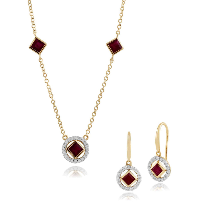 Collana e orecchini pendenti in oro giallo 375 con rubini quadrati e diamanti