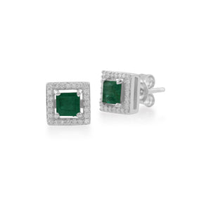 White Gold Emerald & Diamond Stud Earrings Image 1