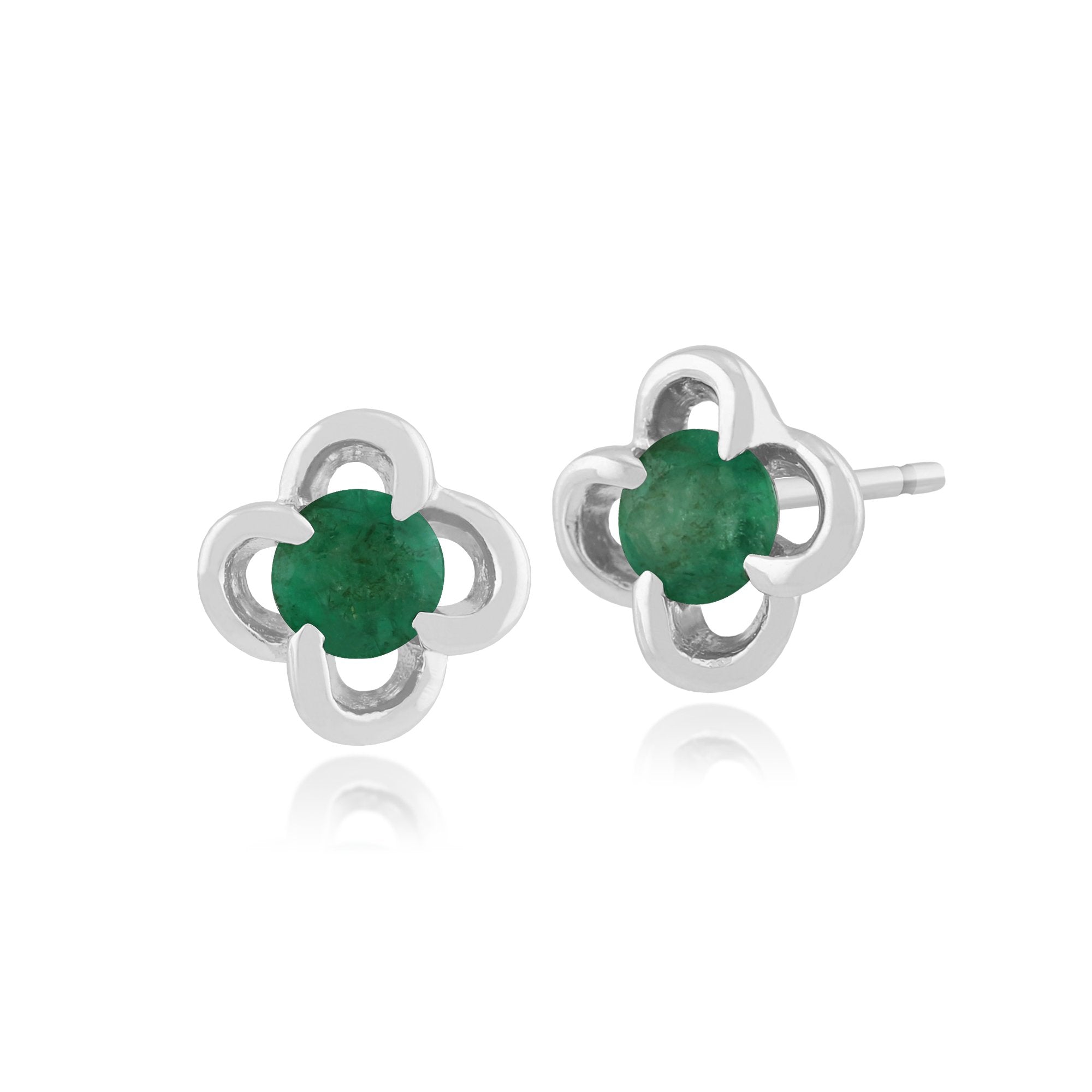 Floral Round Emerald & Diamond Halo Stud Earrings in 9ct White Gold