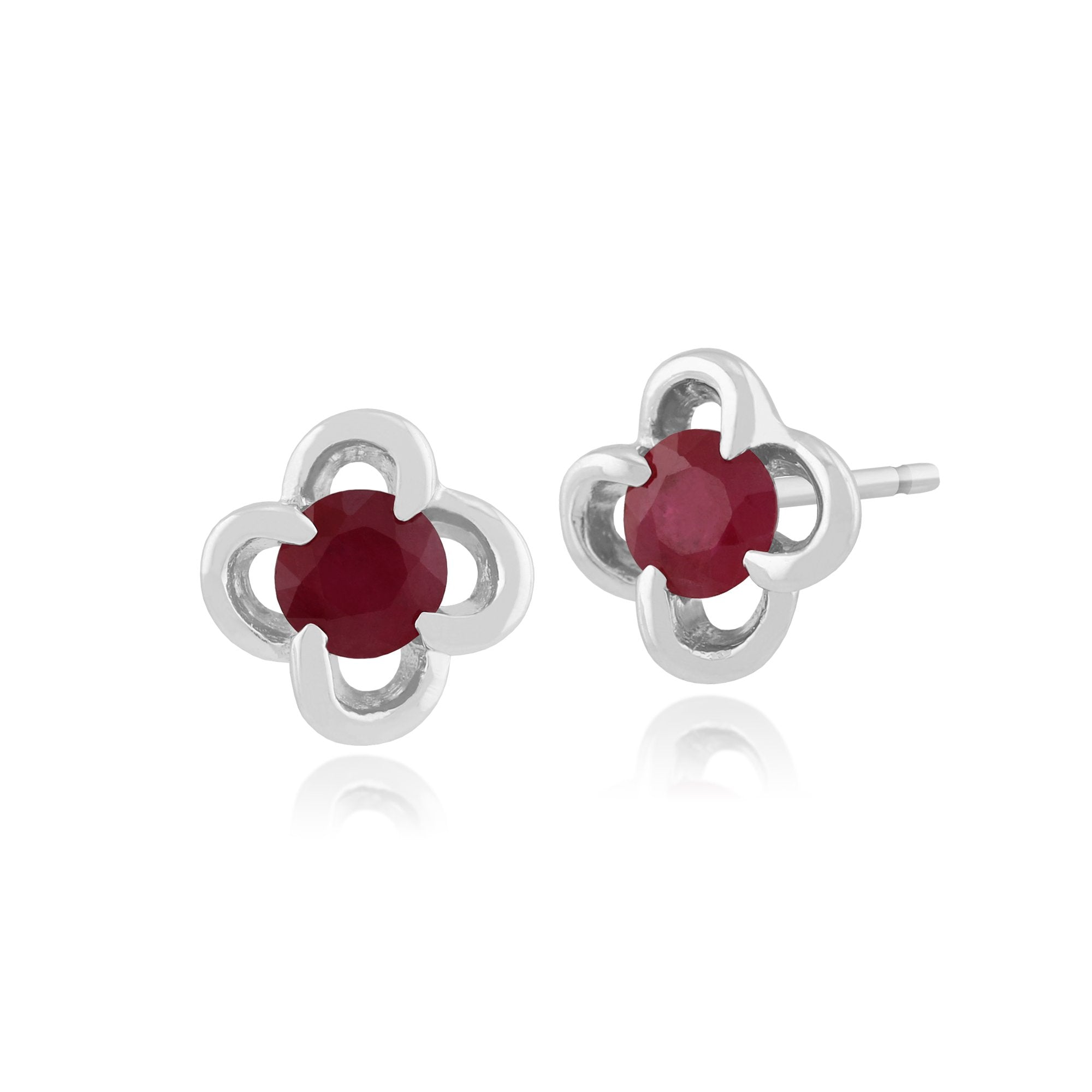 Floral Round Ruby & Diamond Halo Stud Earrings in 9ct White Gold