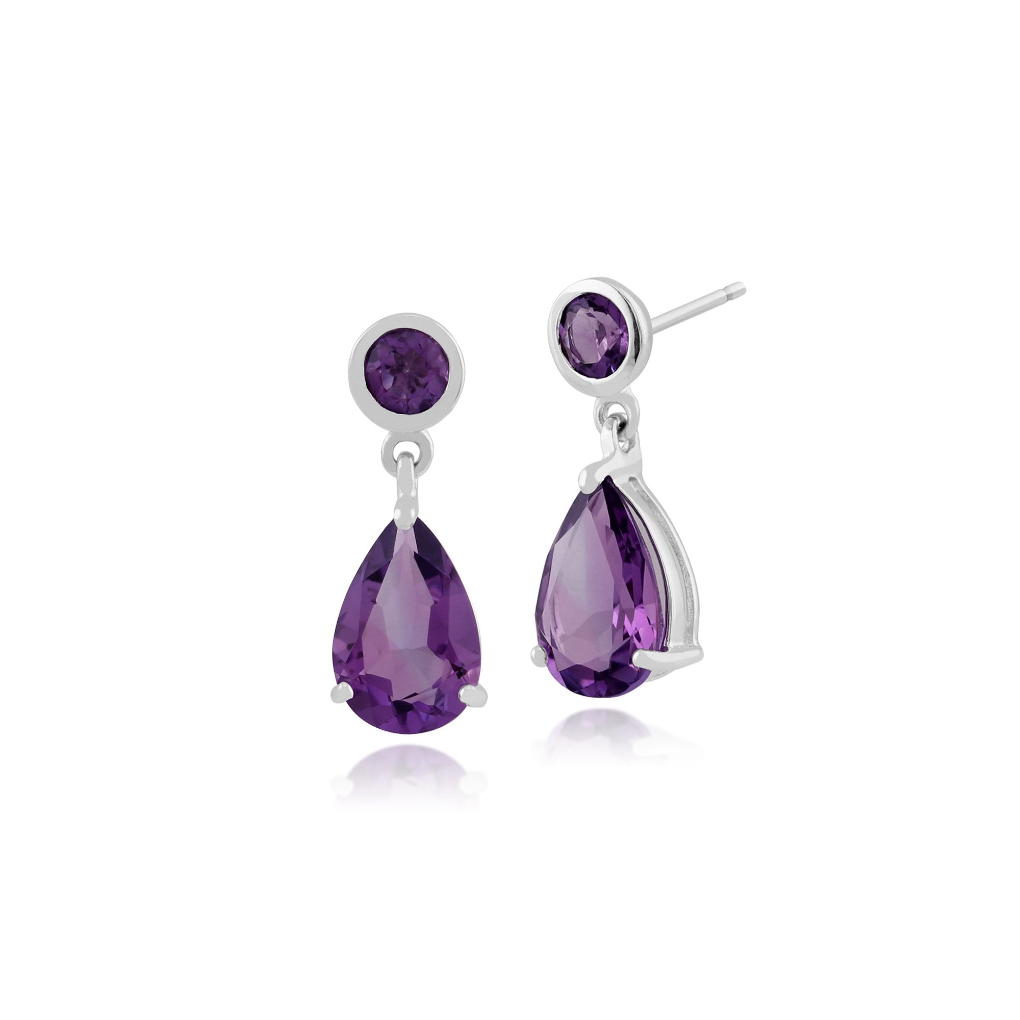 Classic Pear & Round Amethyst Drop Earrings in 9ct White Gold